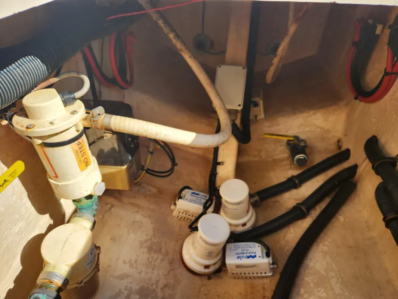 Slide: The Image of Bilge area of 2008 Intrepid 323 Cuddy with pumps and hoses visible. - 20