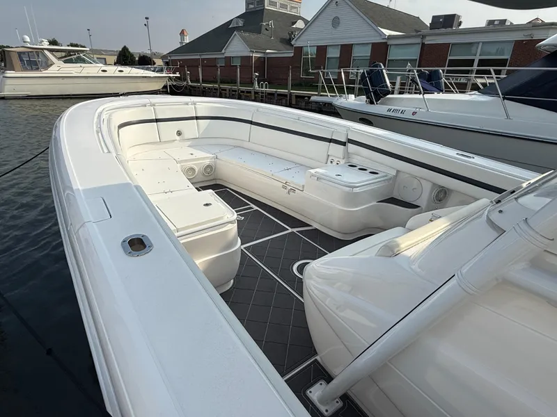 Slide: The Image of 2018 Intrepid 375 Open boat interior with spacious seating and modern design. - 4