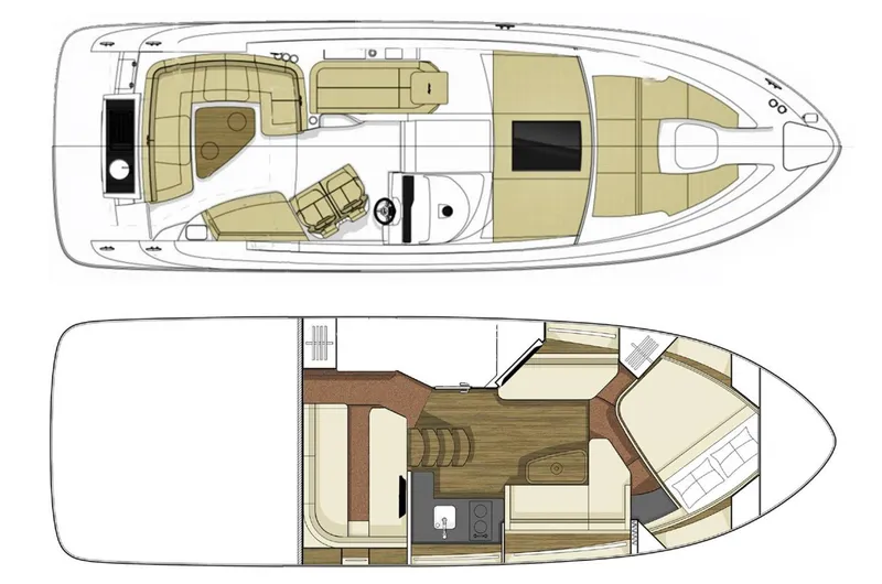 Slide: The Image of 2018 Sea Ray Sundancer 350 layout, featuring upper deck seating and lower cabin accommodations. - 12