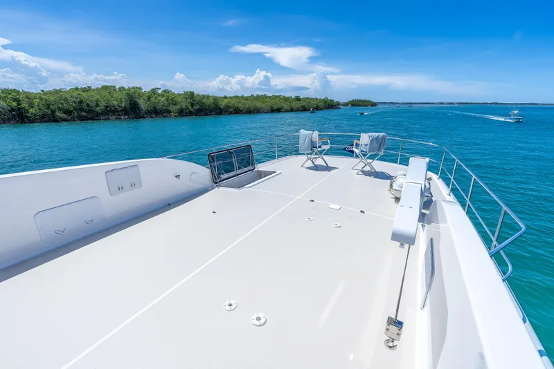 Slide: The Image of 2018 Grand Banks GB60 yacht deck with ocean view and clear blue sky. - 20