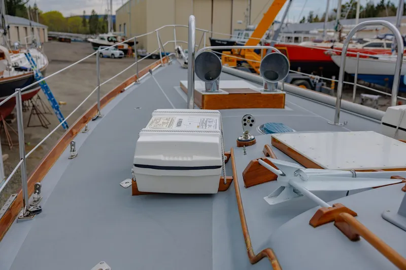 Slide: The Image of Deck view of a 1972 Hinckley 48 yacht, showcasing equipment and fittings. - 14