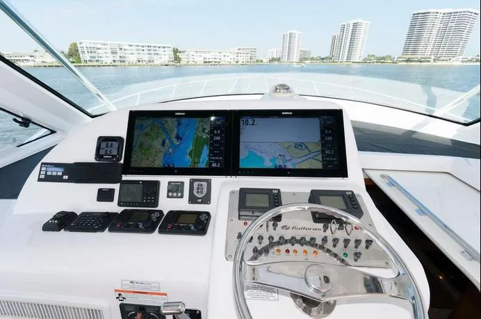 Slide: The Image of Helm of 2015 Hatteras 45 Express Sportfish with navigation screens and controls. - 16
