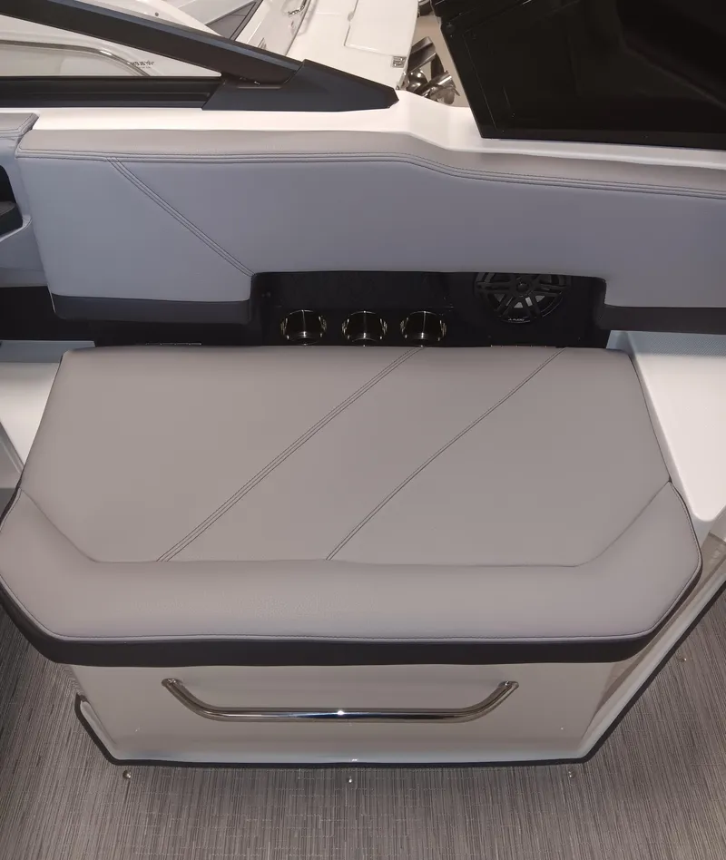 Slide: The Image of 2025 Cobalt R6 boat interior with sleek gray seating and modern design elements. - 20