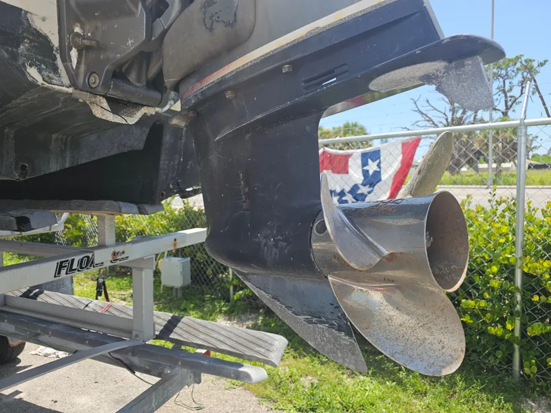 Slide: The Image of Close-up of a 1996 Bayliner 2609 Rendezvous boat propeller on a trailer. - 33