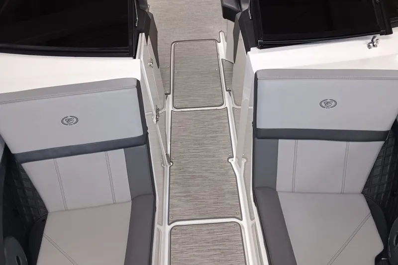 Slide: The Image of 2023 Cobalt R4 boat interior with gray seating and sleek design. - 17