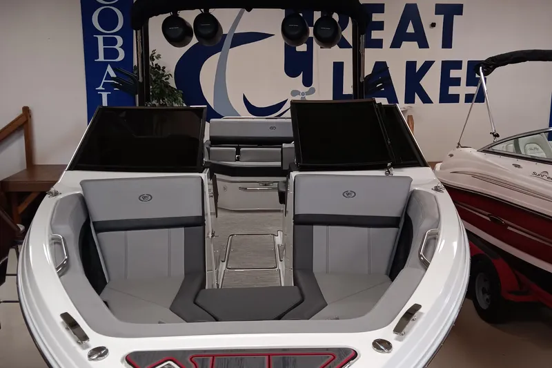 Slide: The Image of 2023 Cobalt R4 boat interior at Great Lakes showroom, featuring sleek seating and modern design. - 6