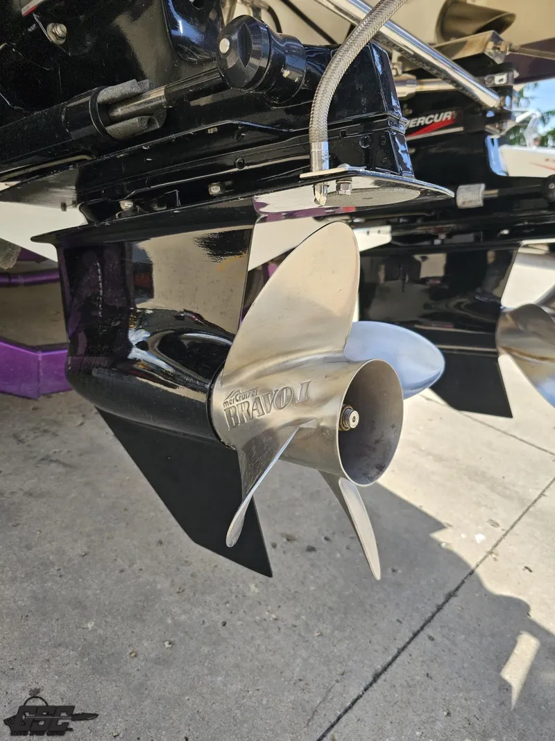 Slide: The Image of Close-up of a 2003 Sunsation 32 Dominator boat propeller, featuring Mercury Bravo One. - 36
