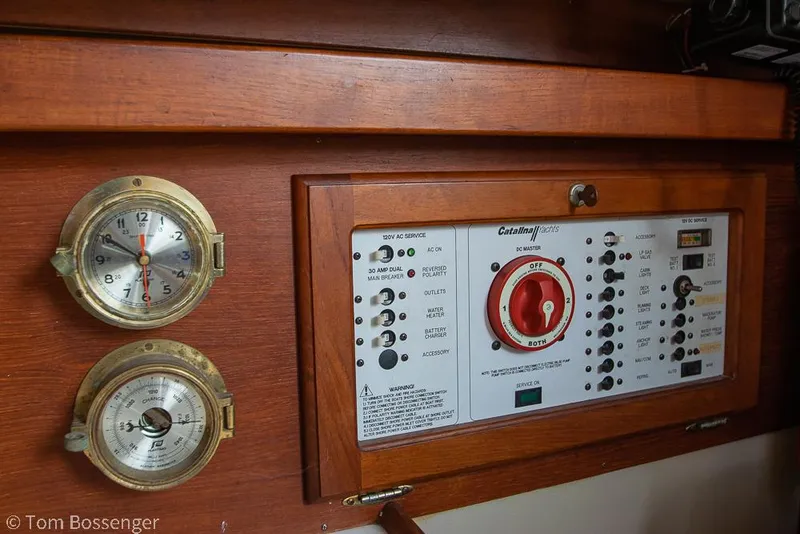 Slide: The Image of Electrical panel and gauges on a 1988 Catalina 36 yacht. - 28