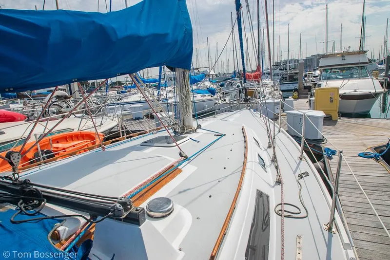 Slide: The Image of 1988 Catalina 36 sailboat docked in a marina, featuring a blue sail cover. - 42