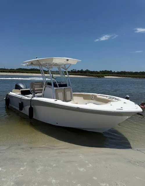 Slide: The Image of 2018 Sea Fox 248 Commander boat on sandy shore under clear blue sky. - 0