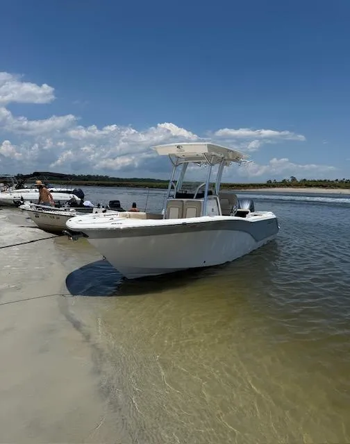 Slide: The Image of 2018 Sea Fox 248 Commander boat beached on a sunny shore with clear skies. - 1