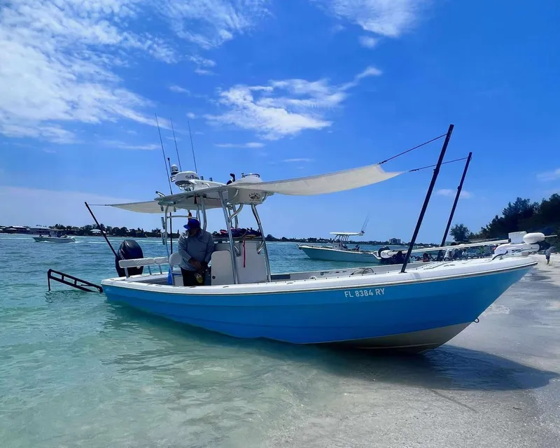 The Image of 2007 Andros Tarpon 26 boat anchored on a sunny beach with clear blue skies. - 0
