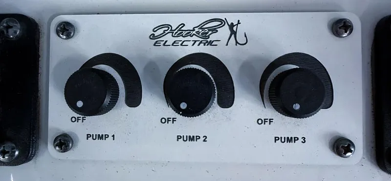 Slide: The Image of Hooker Electric pump controls on Freeman 42 LR, 2019 model, featuring three adjustable knobs. - 10