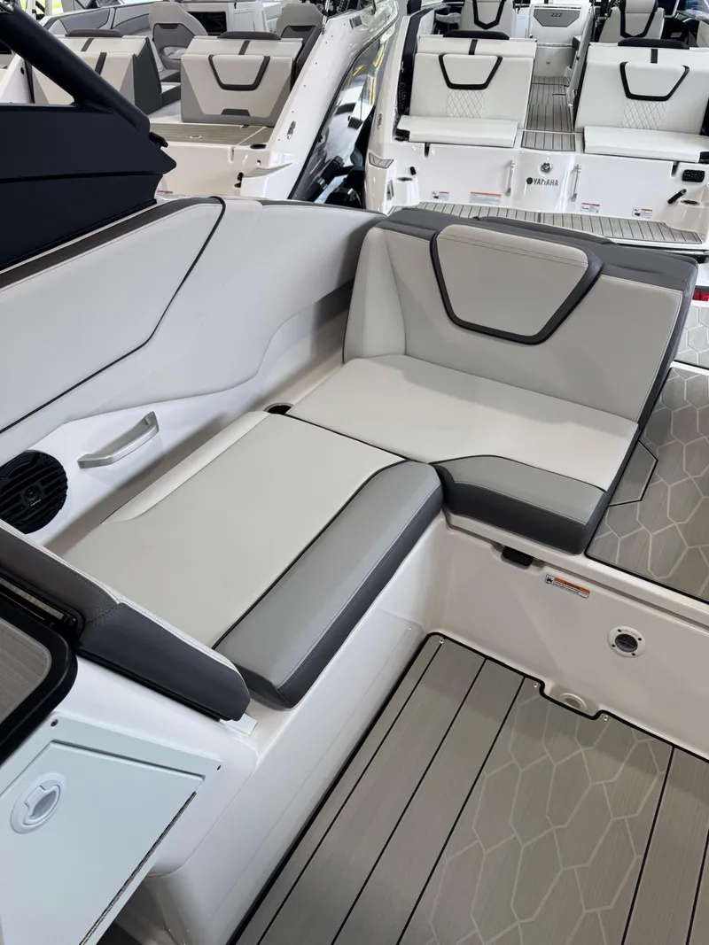 Slide: The Image of 2025 Yamaha Boats 252XE interior with sleek seating and modern design. - 5