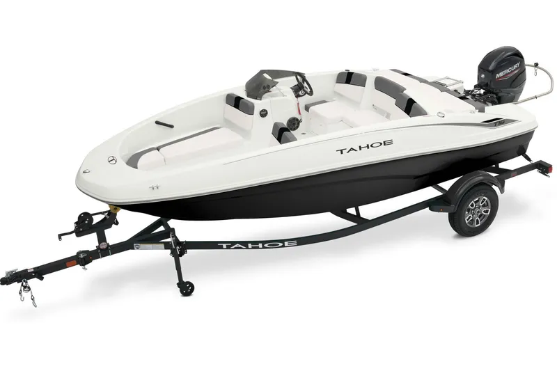 The Image of 2025 Tahoe T16 boat on trailer, displayed outdoors with trees and vehicles in background. - 0