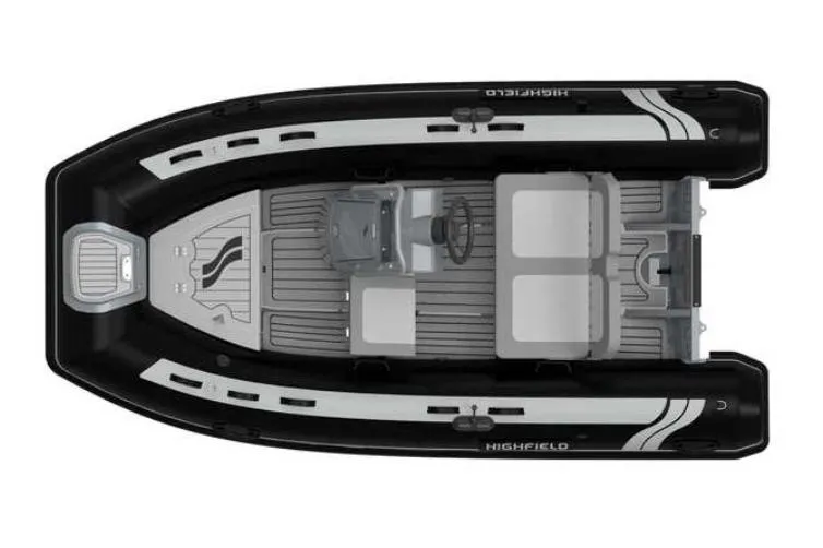 Slide: The Image of 2024 Highfield Classic 340 GT boat, top view, sleek design, black and gray color scheme. - 7