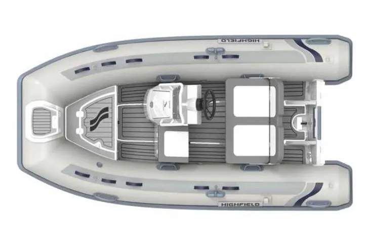 Slide: The Image of 2024 Highfield Classic 340 GT inflatable boat, top view, showcasing seating and steering console. - 8
