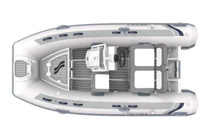 Slide: The Image of 2024 Highfield Classic 340 GT inflatable boat, top view, showcasing seating and steering console. - 9