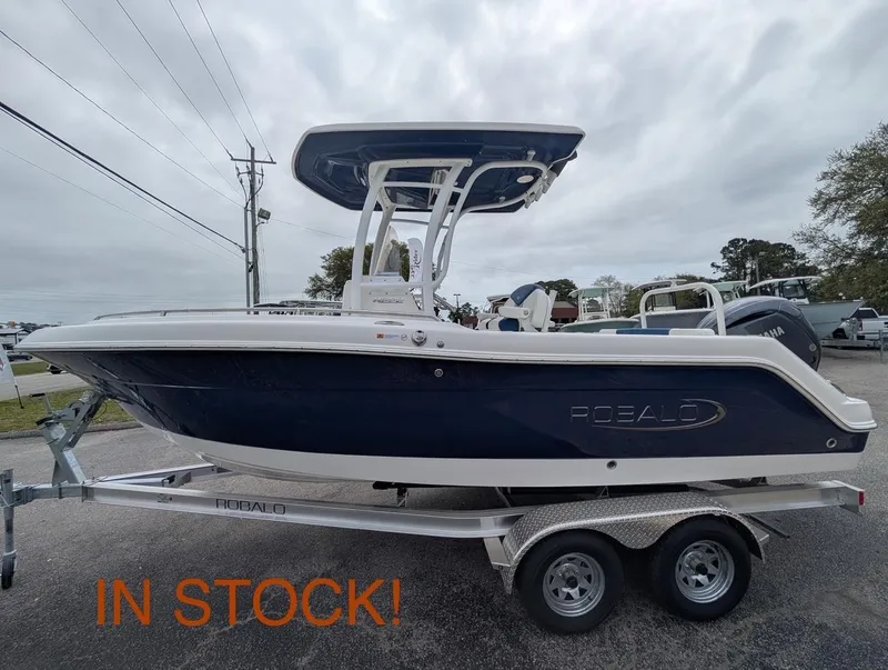 The Image of 2025 Robalo R222 Explorer boat on trailer, in stock, side view. - 20