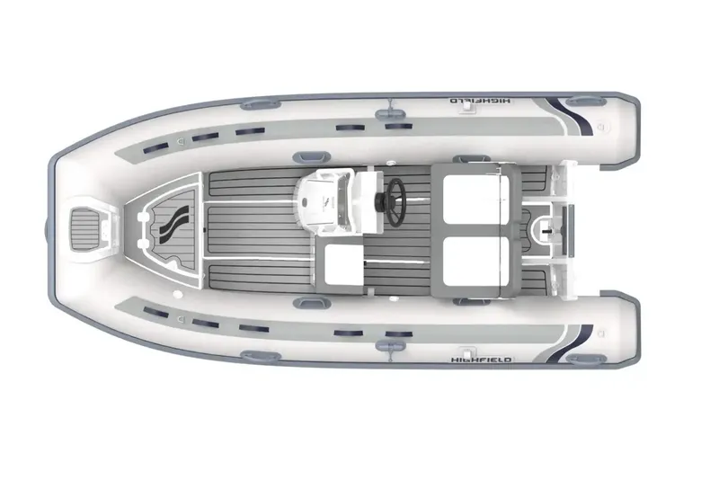 Slide: The Image of 2024 Highfield Classic 380 GT inflatable boat, top view, gray and white design. - 2