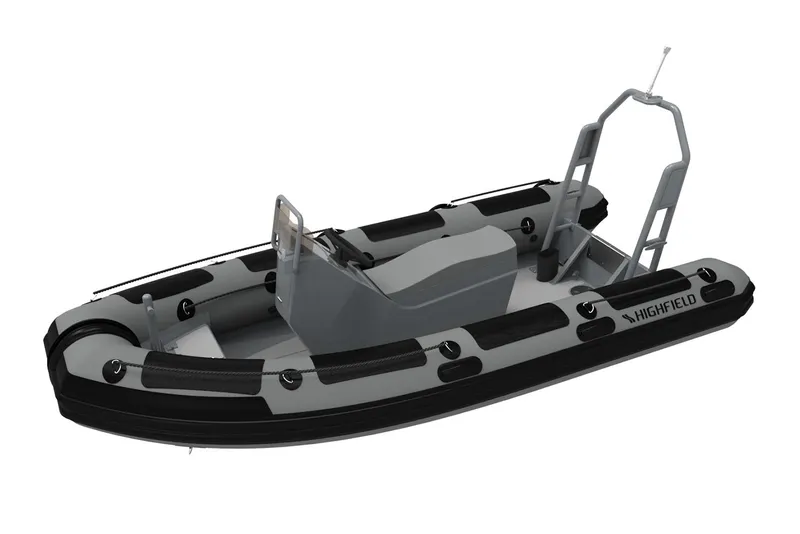Slide: The Image of 2024 Highfield Patrol 420 inflatable boat, sleek design, gray and black color scheme. - 6