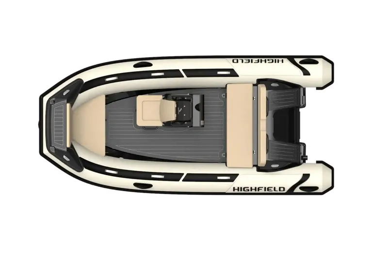 Slide: The Image of Top view of 2025 Highfield Sport 420 inflatable boat with beige seating and black accents. - 3