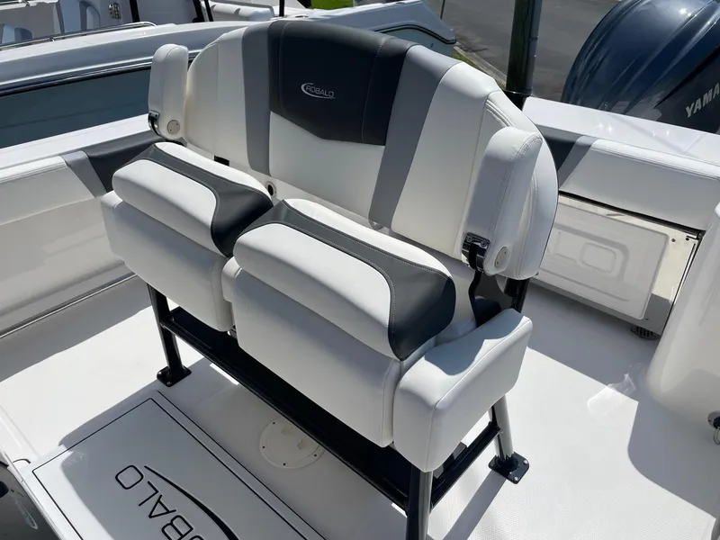 Slide: The Image of 2025 Robalo R230 Center Console boat seating with sleek design and comfortable upholstery. - 12