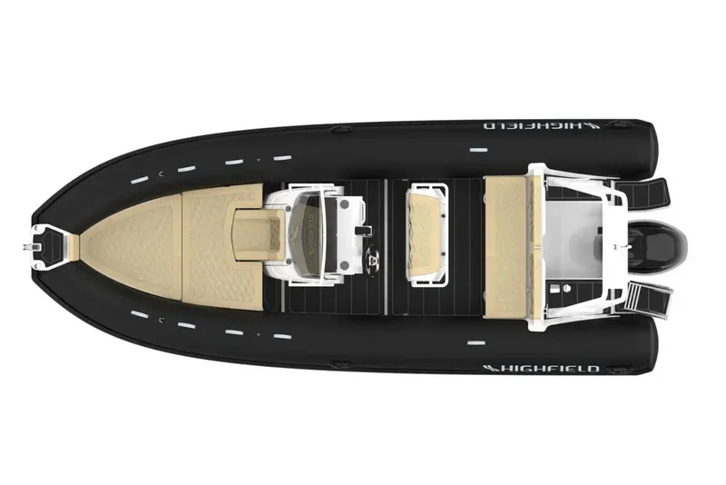 Slide: The Image of 2025 Highfield Sport 600 boat, top view, black and beige design, modern layout. - 3
