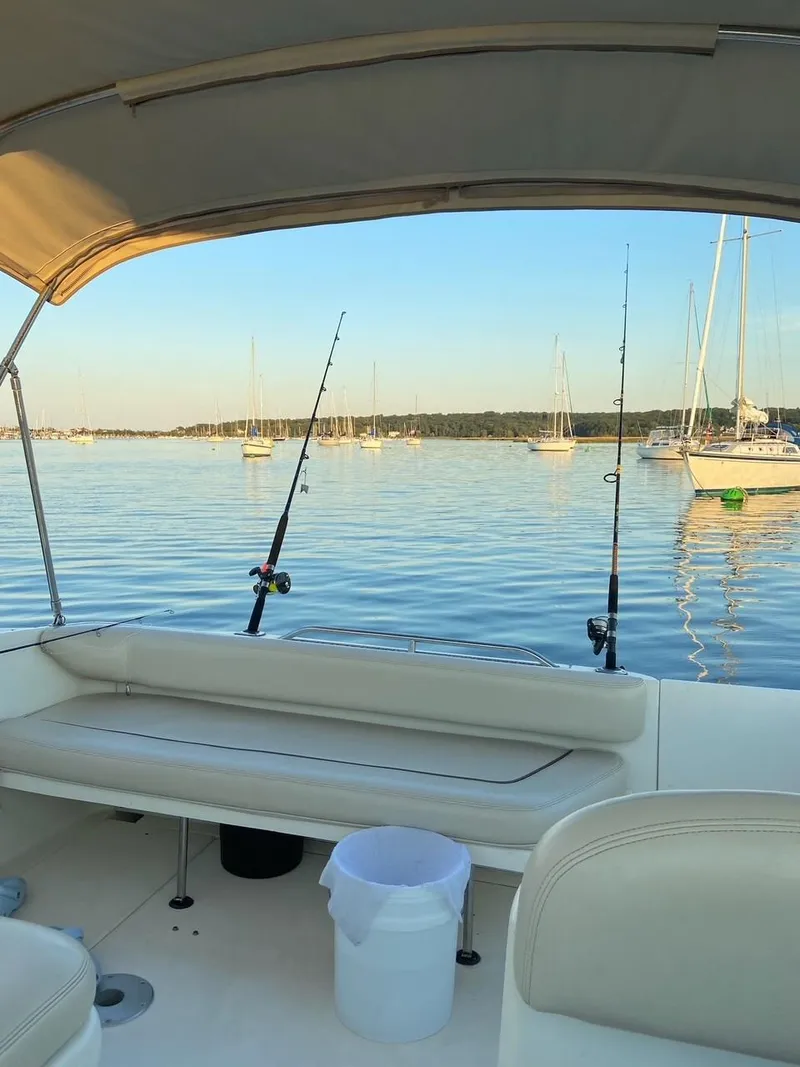 Slide: The Image of 1997 Sea Ray 290 Sundancer with fishing rods on calm water, sailboats in background. - 4