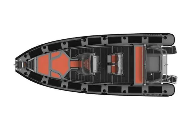 Slide: The Image of 2025 Highfield Sport 700 boat, top view, sleek design with orange and black accents. - 2