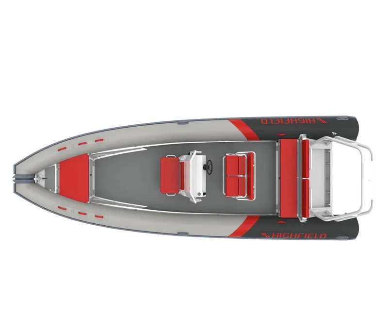 Slide: The Image of 2024 Highfield Patrol 760 boat, top view, featuring red and gray design. - 11