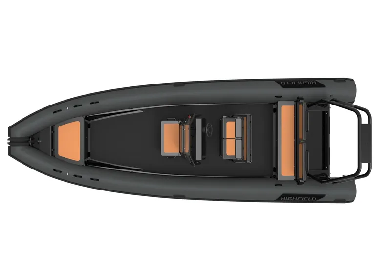 Slide: The Image of 2024 Highfield Patrol 760 boat, top view, sleek black design with orange seating. - 9