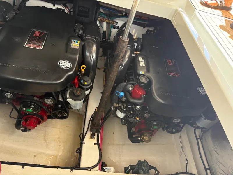 Slide: The Image of Engine compartment of 2013 Cruisers Yachts 350 Express with dual Volvo Penta engines. - 17