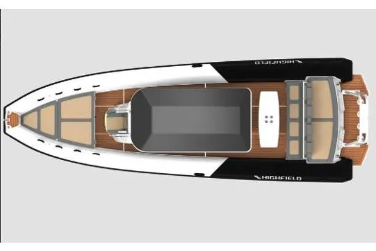 Slide: The Image of 2024 Highfield Sport 900 boat, top view, showcasing sleek design and spacious deck layout. - 2
