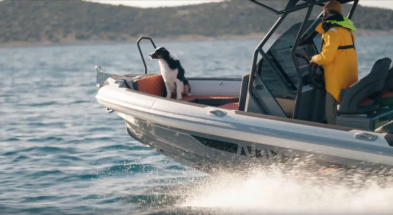 Slide: The Image of 2025 Highfield ADV7 boat with person and dog cruising on the water. - 5