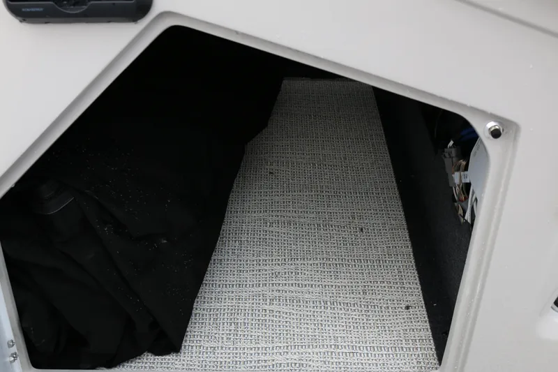 Slide: The Image of Storage compartment in 2025 SunCatcher Elite 324 RC boat, featuring carpeted interior. - 20