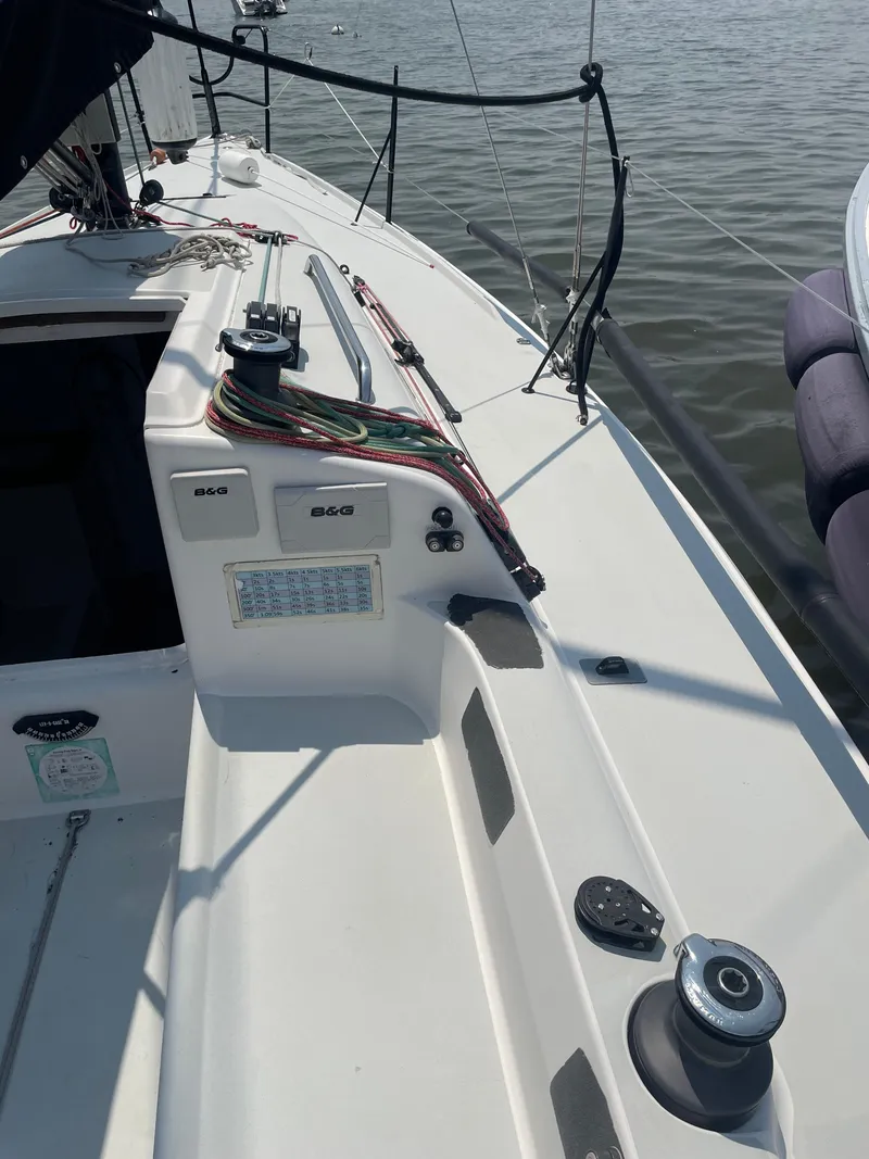 Slide: The Image of 2014 J Boats J 88 sailboat deck with rigging and winch, on calm water. - 6