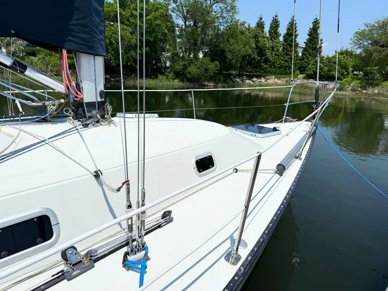 Slide: The Image of Sailboat Tartan Thomas 35, 1991 model, docked on calm water with lush greenery. - 3