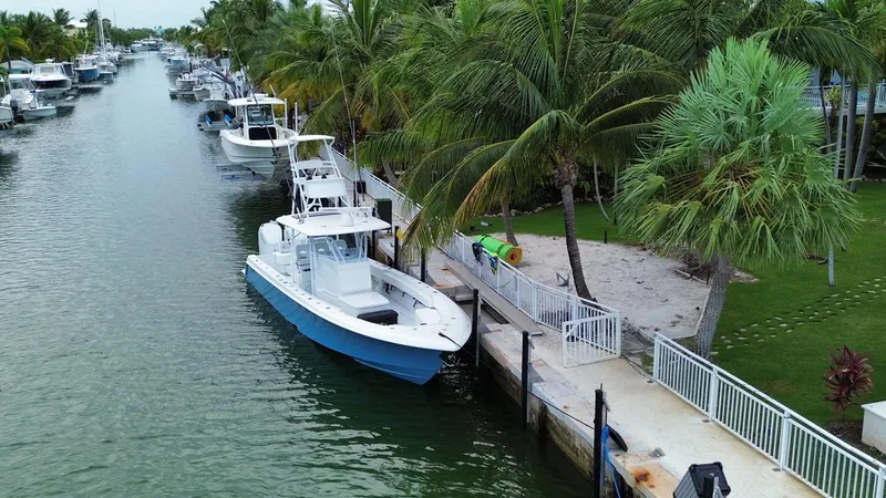 Slide: The Image of 2024 Contender 39 ST boat docked by palm trees in a serene canal setting. - 3