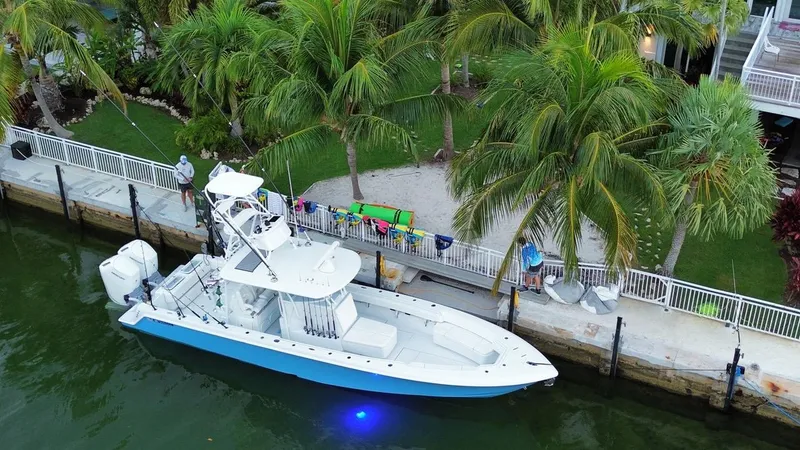 Slide: The Image of 2024 Contender 39 ST boat docked by palm trees, illuminated by blue underwater lights. - 8
