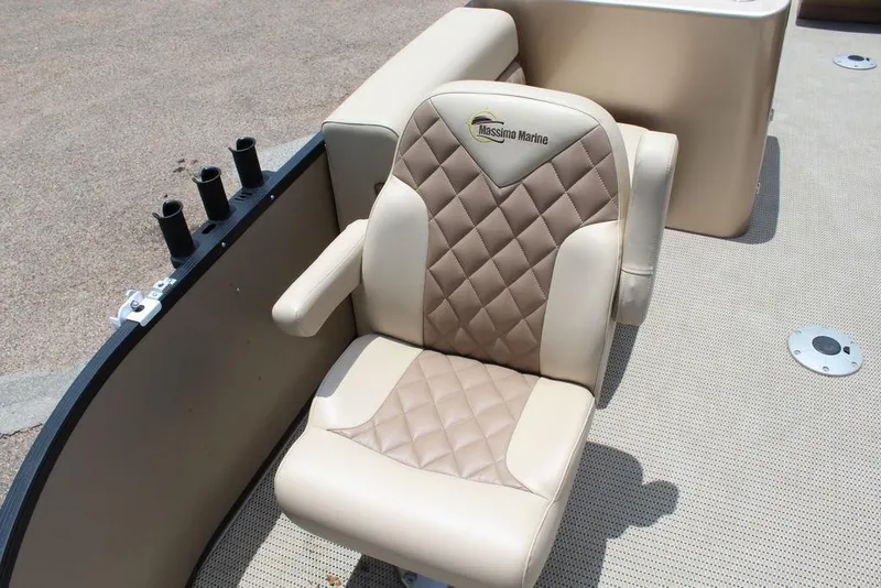 Slide: The Image of Luxurious seating on 2022 Massimo Marine P-23 TRITOON boat with diamond-pattern upholstery. - 6