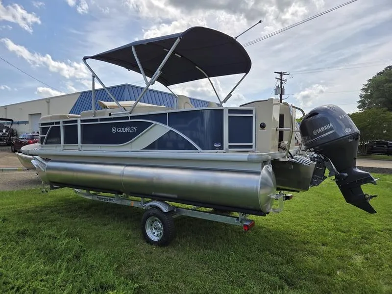 Slide: The Image of 2025 Godfrey Sweetwater 2086 FS Sport Tube pontoon boat with Yamaha outboard motor. - 5