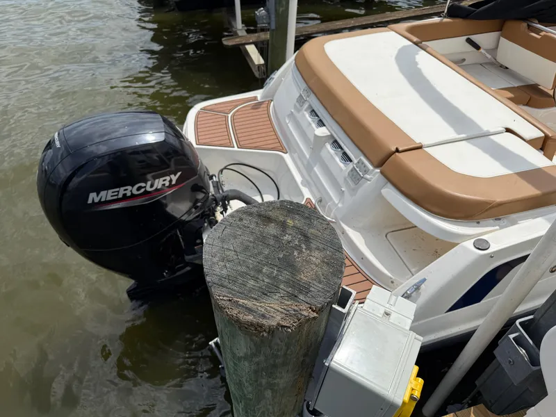 Slide: The Image of 2021 Bayliner VR6 Bowrider OB with Mercury outboard motor docked by the water. - 25