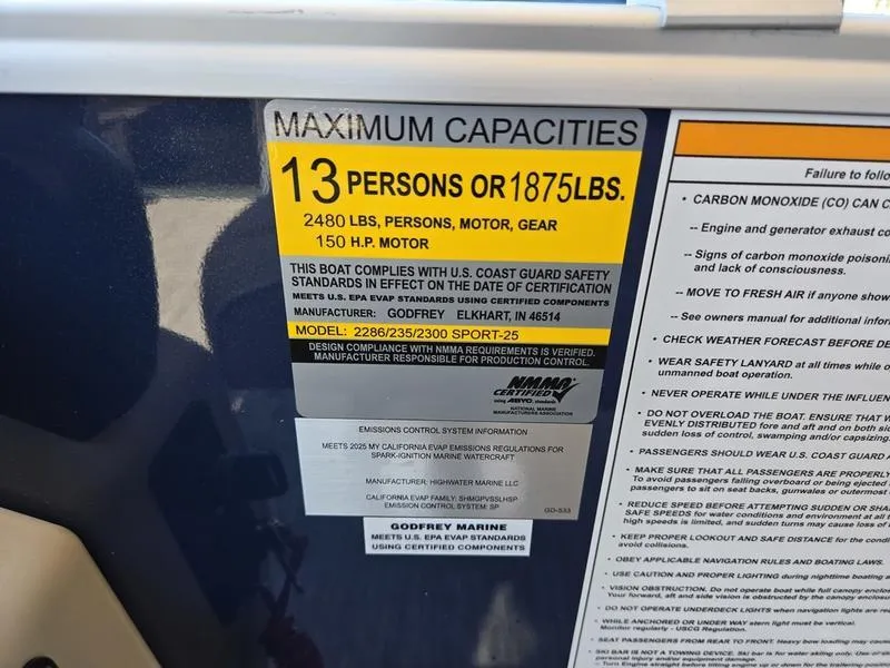 Slide: The Image of 2025 Godfrey Xperience boat capacity label: 13 persons or 1875 lbs, 150 HP motor. - 5