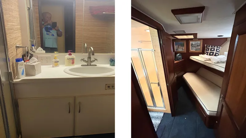 Slide: The Image of 1987 Hatteras 58 Motor Yacht interior showing bathroom and cozy cabin with bunk beds. - 11