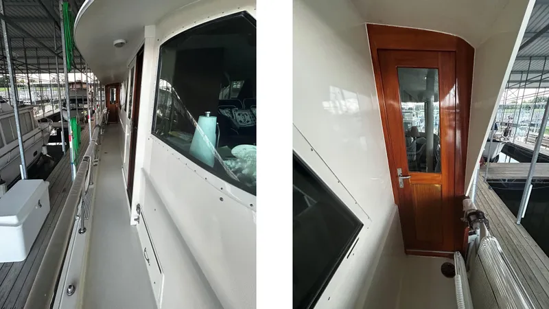 Slide: The Image of 1987 Hatteras 58 Motor Yacht exterior walkway and wooden door detail. - 15
