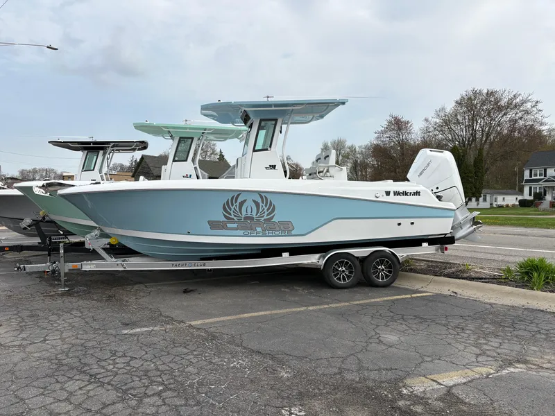 The Image of 2025 Wellcraft 243 Fisherman boat on trailer, parked outdoors. - 0
