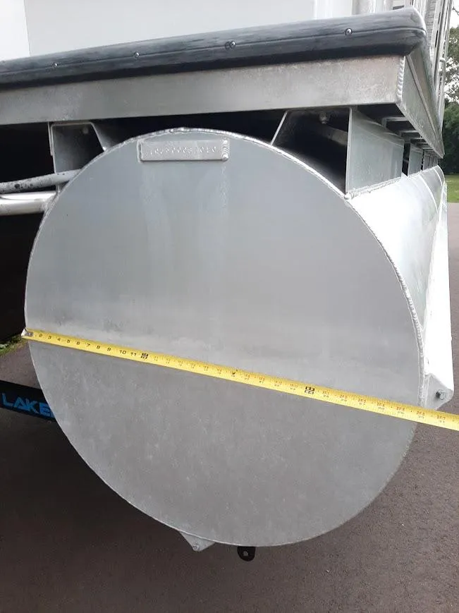 Slide: The Image of Custom River Time Houseboat pontoon with measuring tape, 2010 model, showcasing aluminum construction. - 10