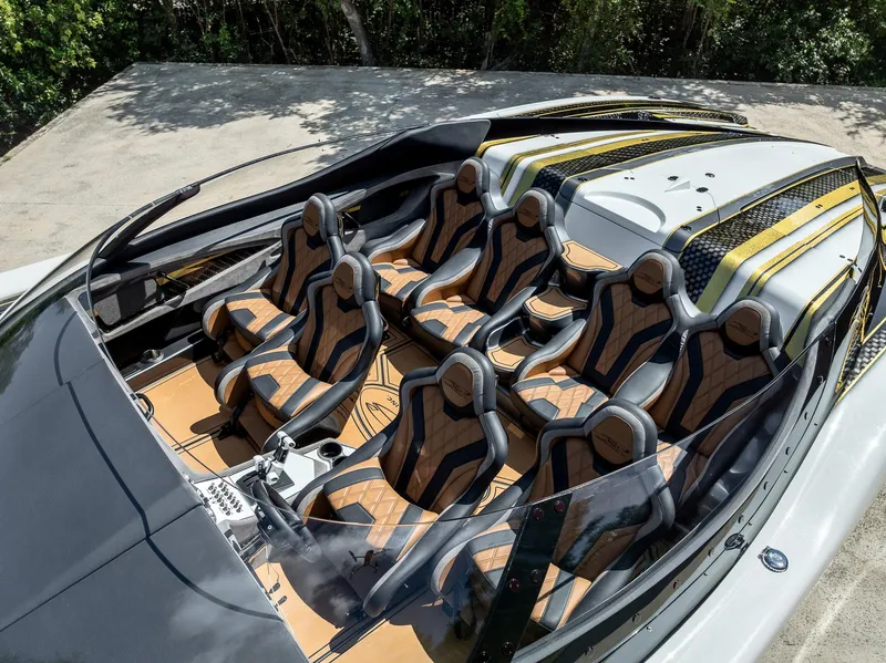 Slide: The Image of Luxurious 2017 MTI 48 boat interior with custom leather seating and sleek design. - 48