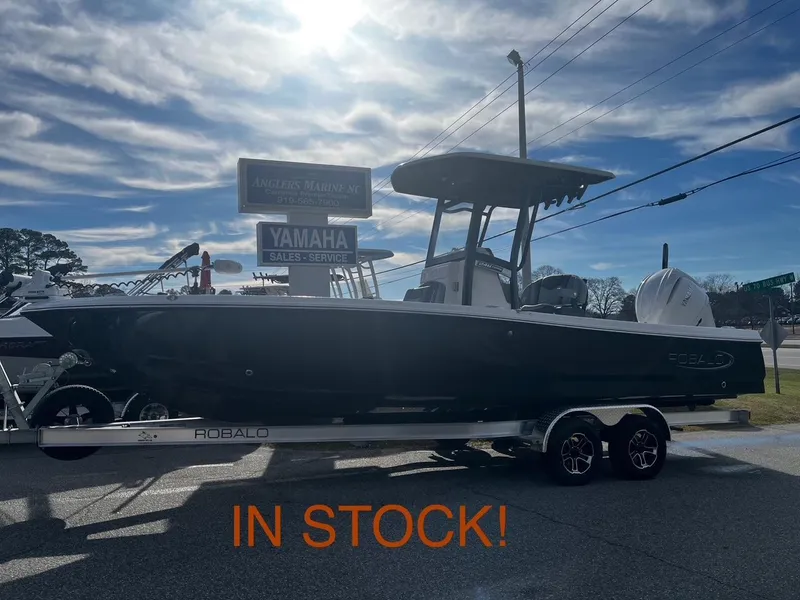 The Image of 2025 Robalo 246 Cayman boat on trailer, available at Anglers Marine NC. - 1
